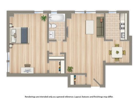 Floor plan for 1 bed, 1 bath, 641 sqft